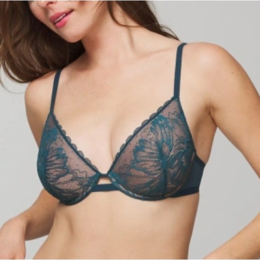 Soma 36C Lightly Lined Plunge Bra Teal Lace Nude Lining NWOT Feminine Romantic